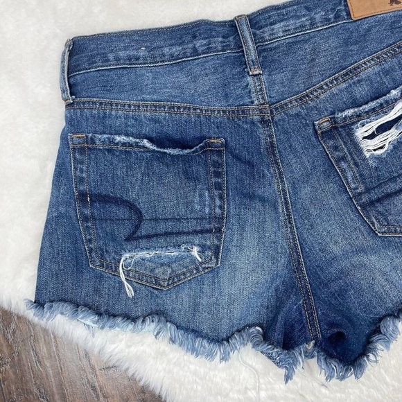 American Eagle Denim Shorts 0 Medium Wash Distressed Frayed High-Rise Festival - Picture 6 of 12